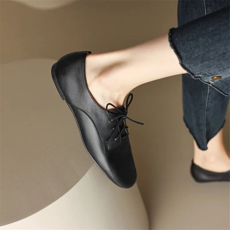 2023 Spring New Cow Leather Women Shoes Fashion Lace-Up Oxford Shoes Round Toe Soft Low Heel Shoes Woman Zapatos De Mujer Pumps
