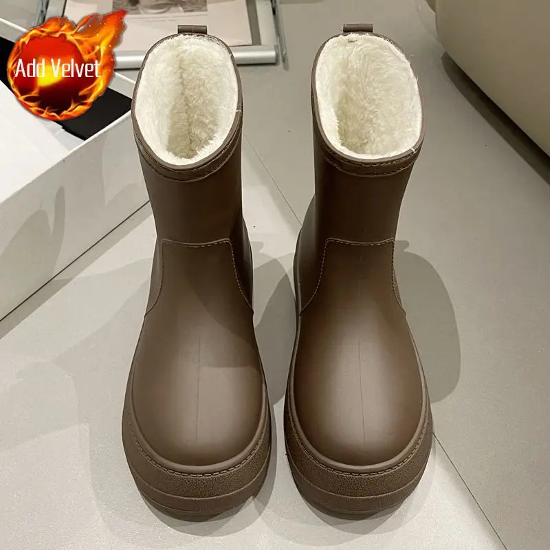 Heated Winter Mid Calf Rain Boots Insulated Cotton Thick Sole Nonslip Waterproof Durable Solid Color Women's Rain Shoes