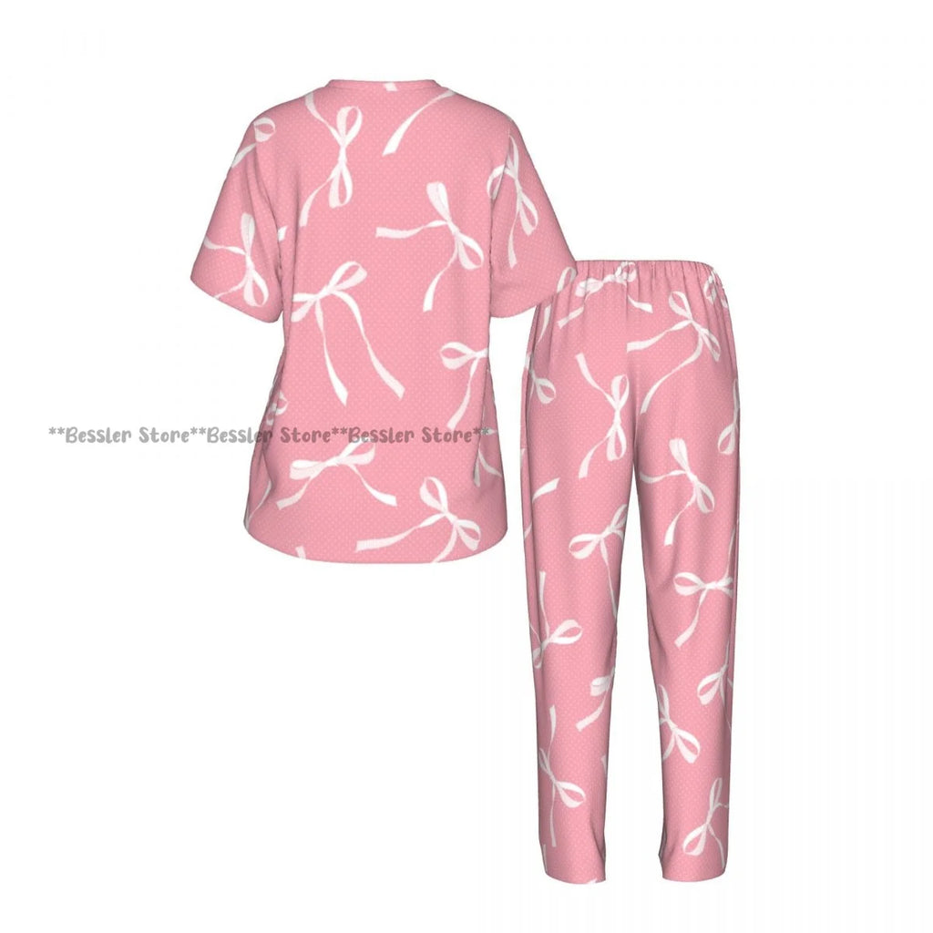 Women's Comfort Pajamas Women's Ribbon Bows Pattern Short Sleeve Set Sleepwear