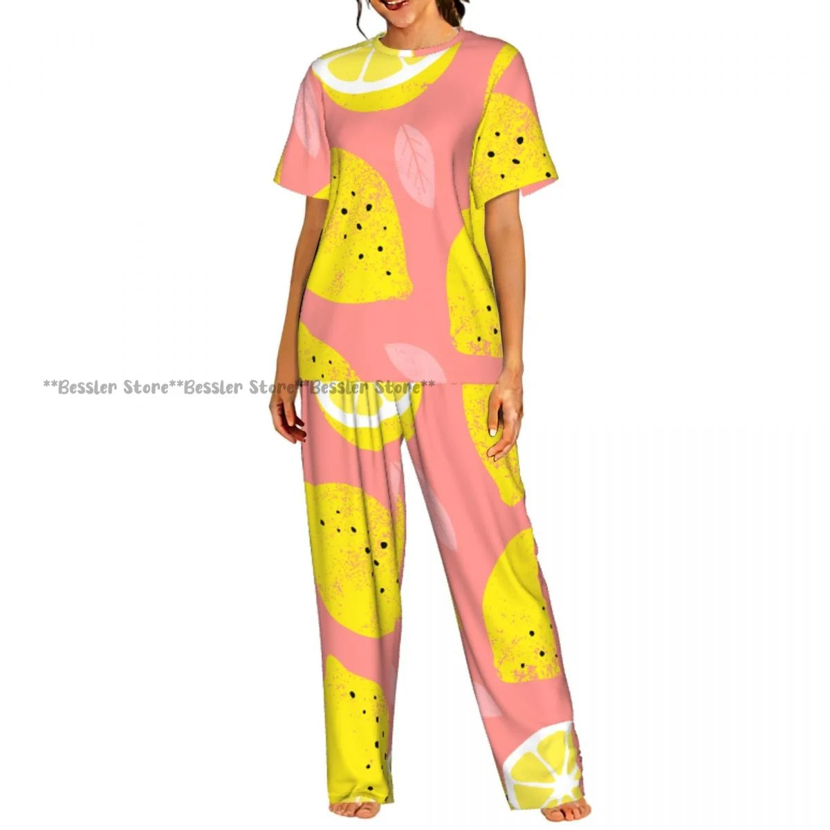 Women's Lemon Citrus Yellow Fruit Leaves short sleeve trousers casual pajamas set