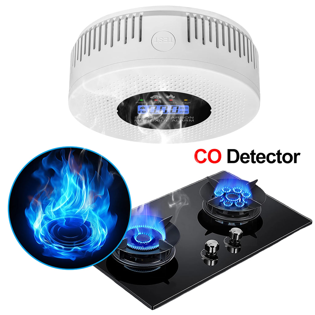 Smoke and Carbon Monoxide Detector with LCD Display, 2-in-1 Fire Alarm and Smoke Detector, Battery-Powered for House, Apartment, Kitchen