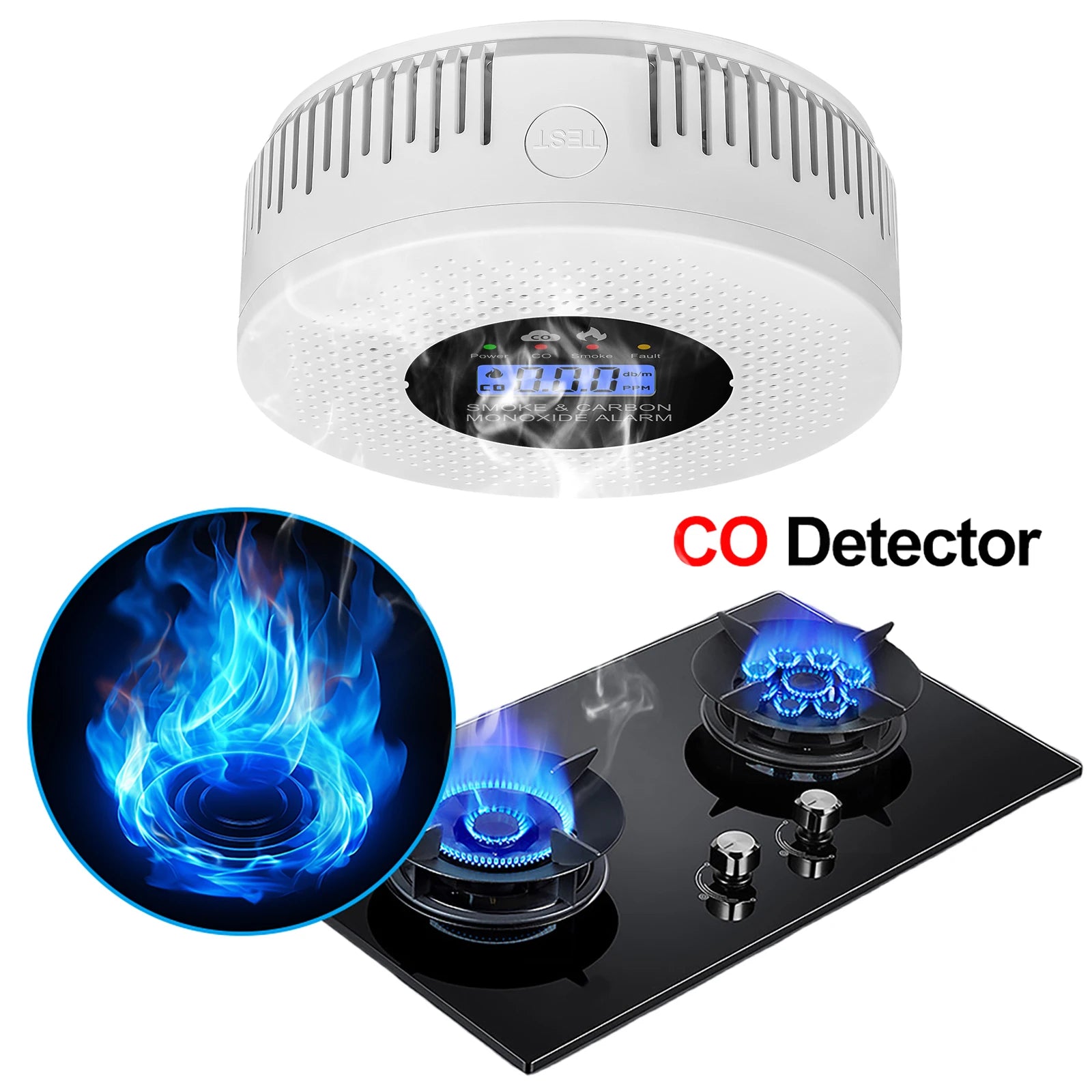 Smoke and Carbon Monoxide Detector with LCD Display, 2-in-1 Fire Alarm and Smoke Detector, Battery-Powered for House, Apartment, Kitchen