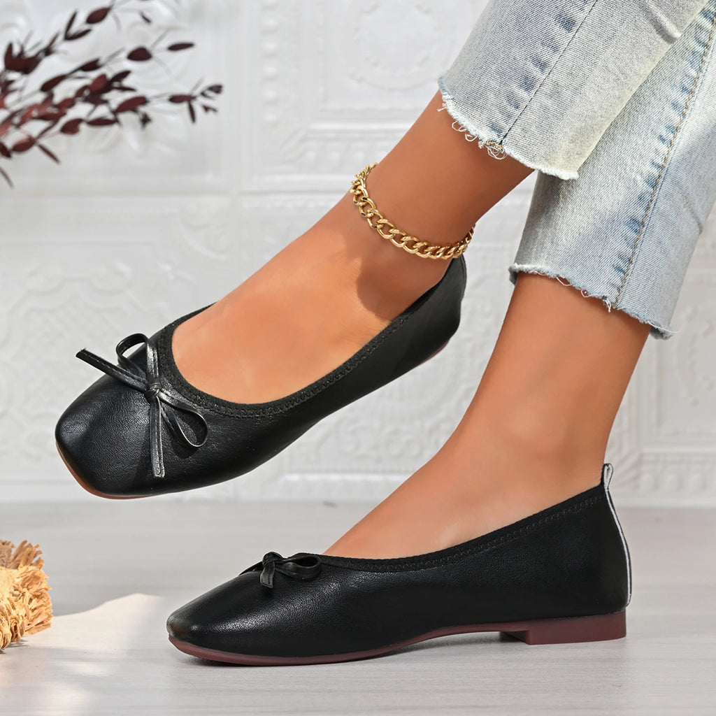 2026 Spring New Bowknot Soft Sole Flats, Small Square Toe Shallow Comfortable Egg Roll Shoes, Versatile Commuter Flat Shoes