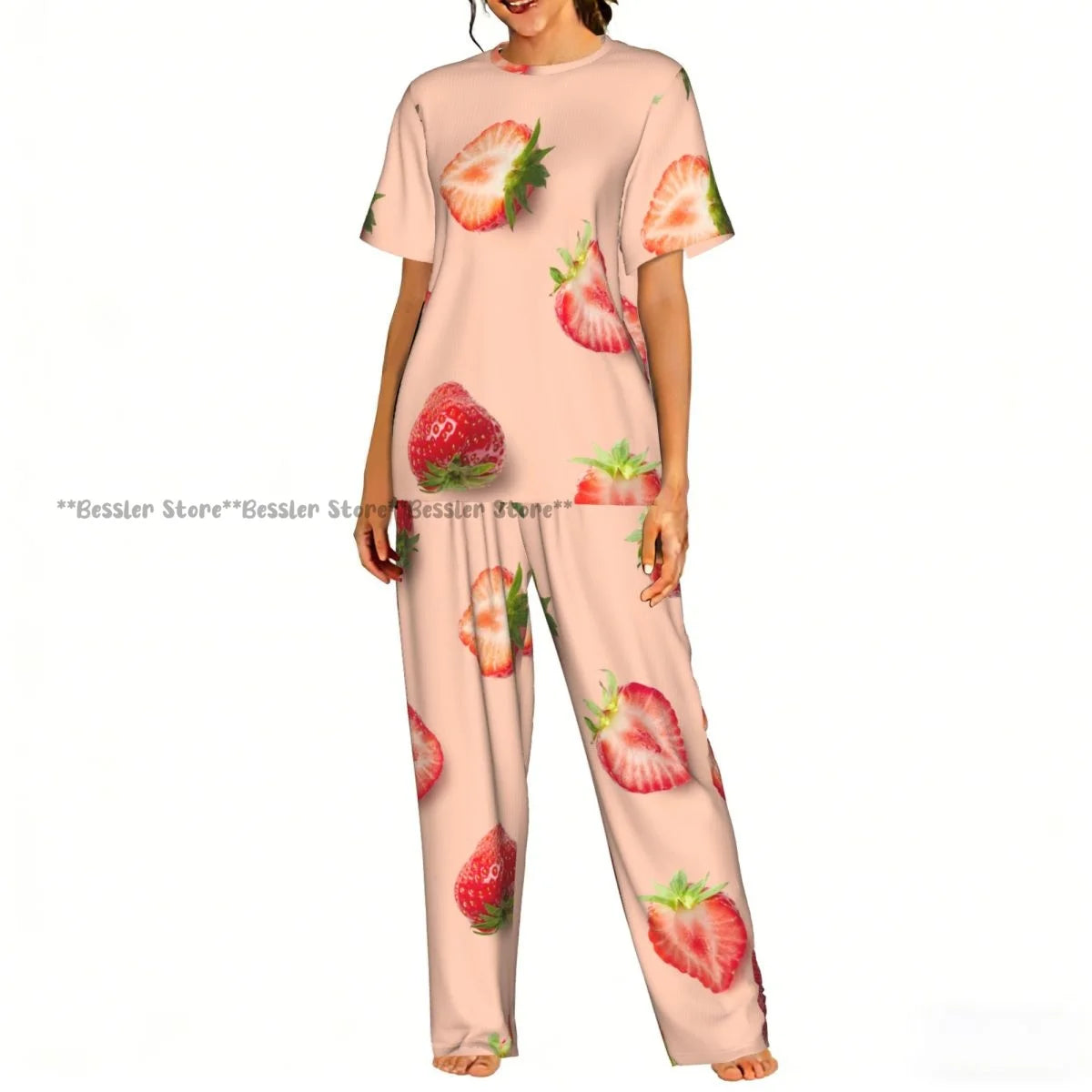 Women's 2-piece set Watercolor Strawberries Pajamas Short sleeved Top and Pants Sleepwear