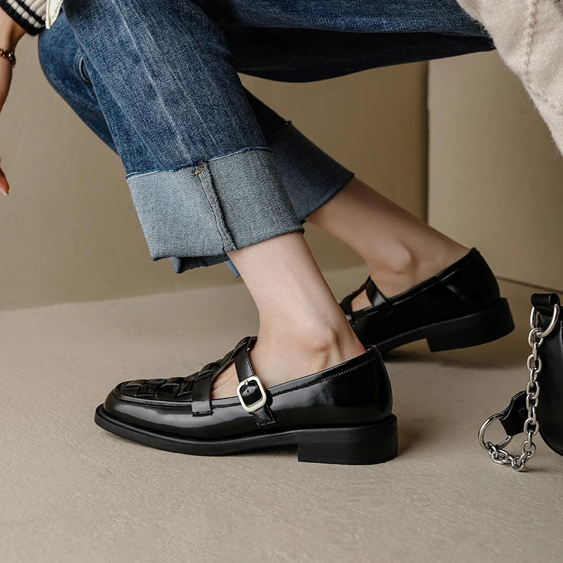 2022 New Spring Women Shoes Genuine Leather Shoes Women Fashion Retro Flats Square Toe Low Heel Women Loafers Brown Shoes