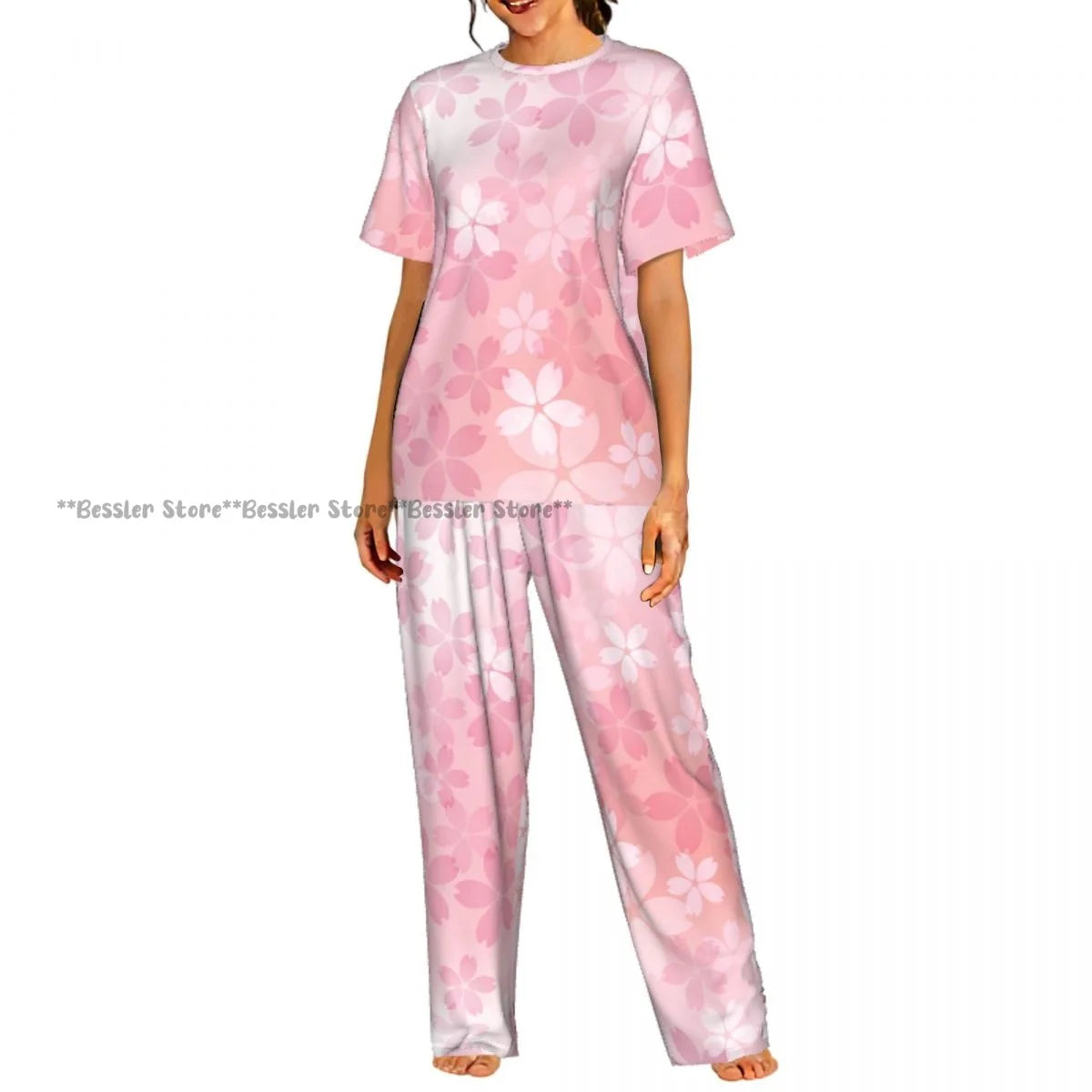 Women's Blossom Cherry Flower Background short sleeve trousers casual pajamas set