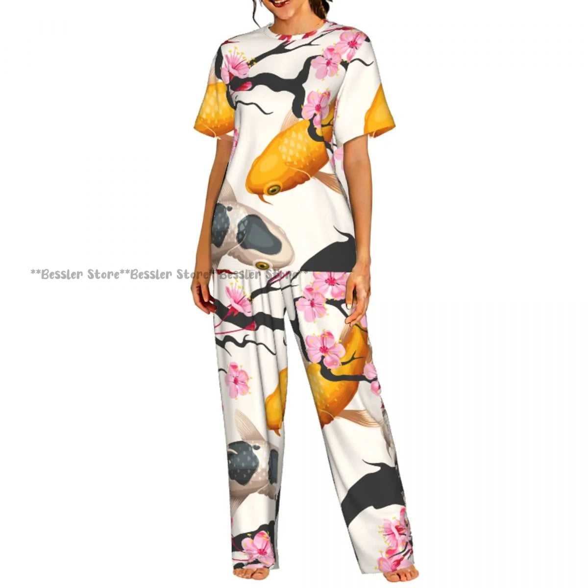 Women's Blossom Cherry Flower Background short sleeve trousers casual pajamas set