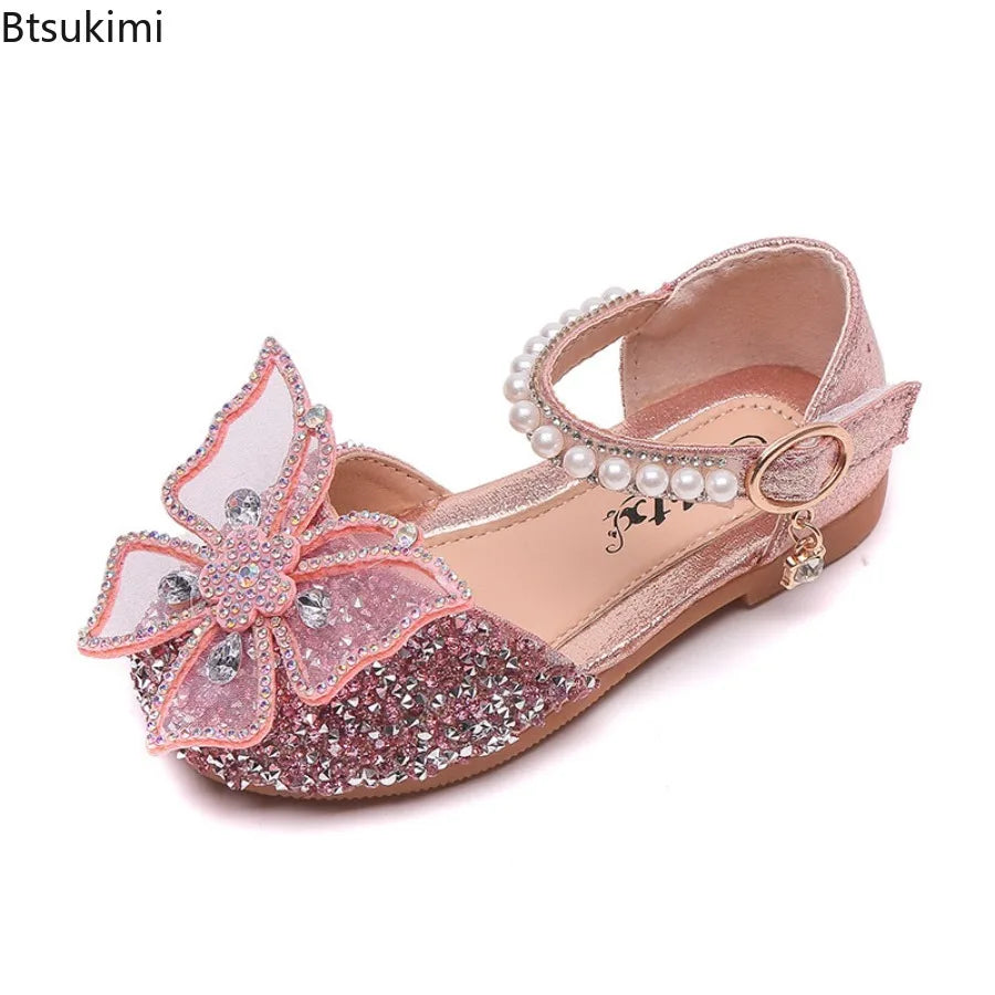 Girls Sequin Lace Bow Kids Shoes Girls Cute Pearl Princess Dance Single Casual Shoes 2026 New Children's Party Wedding Shoes