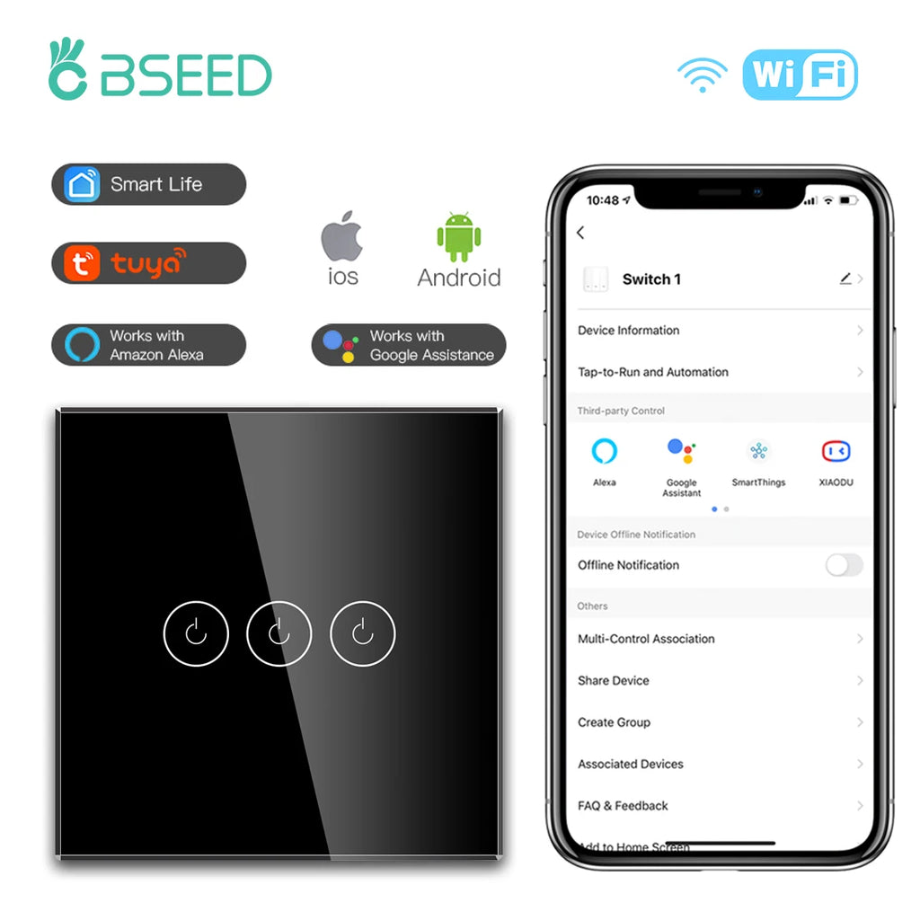 BSEED Wifi Light Touch Switch 1/2/3Gang 1/2/3 Way Smart Switch Wireless Wifi Roller Shutter Switch Support For Tuya Smart Home