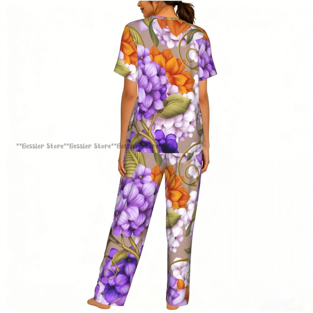Women's 2-piece set Floral Pattern Pajamas Short sleeved Top and Pants Sleepwear