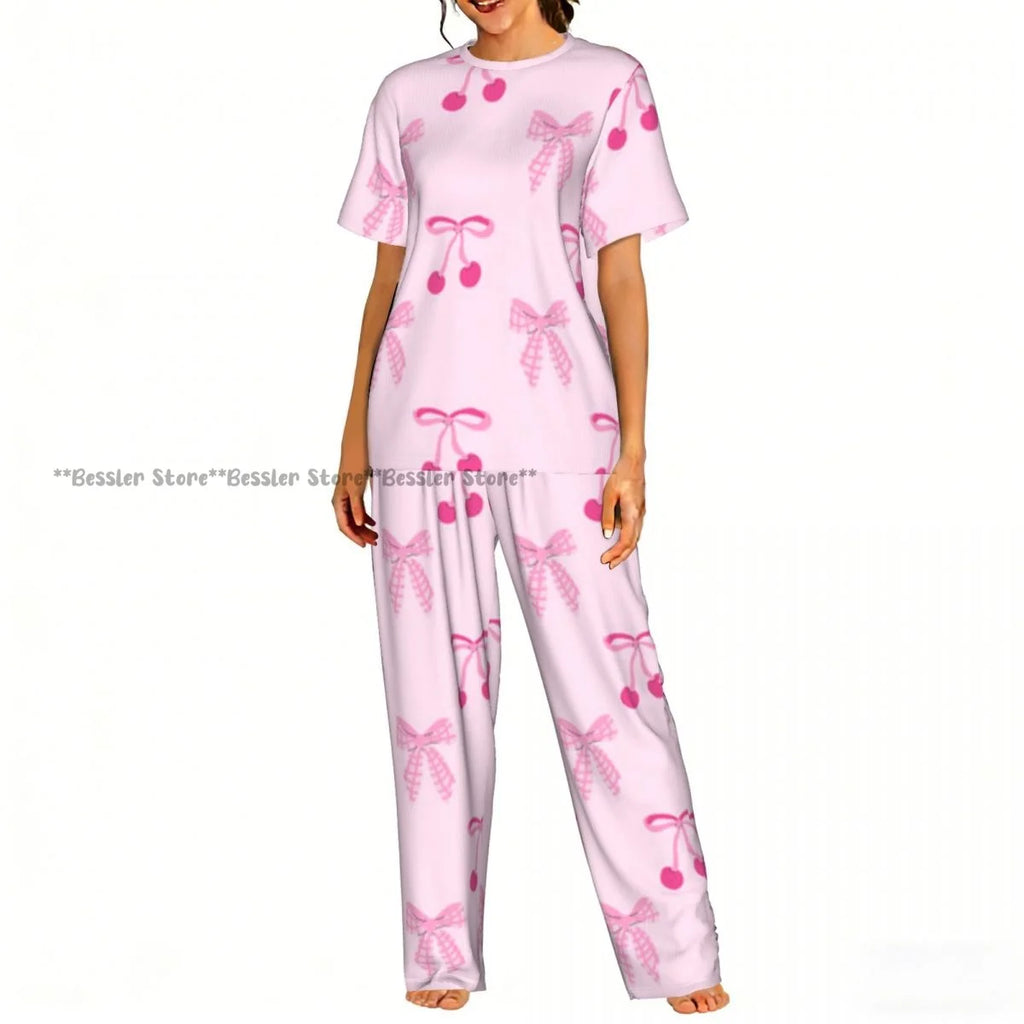Women's Comfort Pajamas Women's Ribbon Bows Pattern Short Sleeve Set Sleepwear