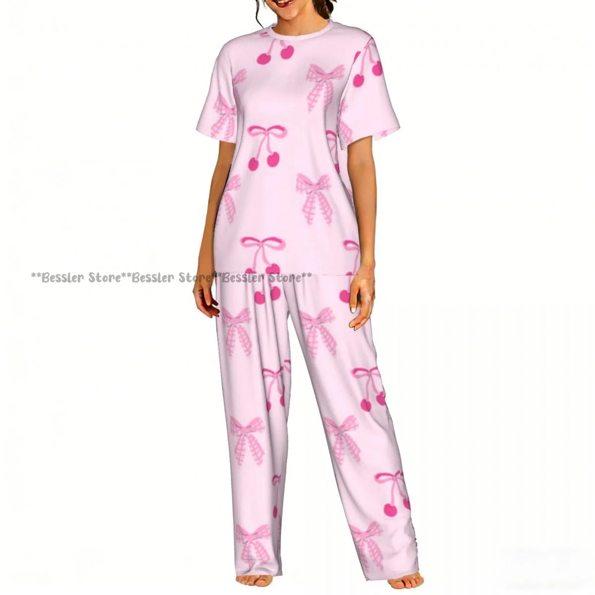 Women's Comfort Pajamas Women's Ribbon Bows Pattern Short Sleeve Set Sleepwear