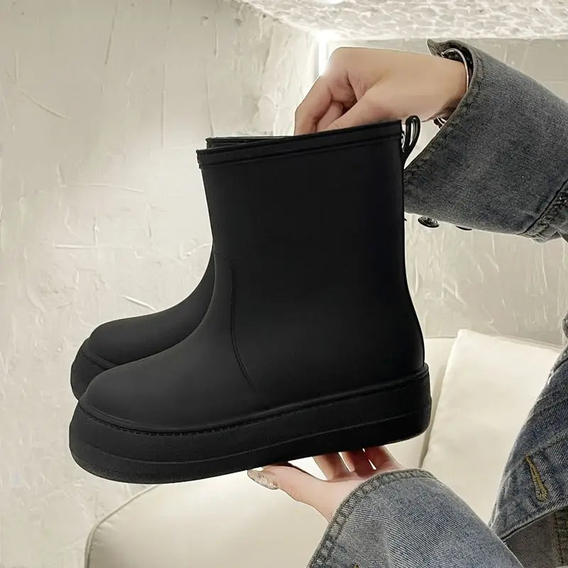 Heated Winter Mid-Calf Rain Boots, Insulated Cotton, Thick Sole, Non-Slip, Waterproof, Durable, Solid Color Women's Rain Shoes