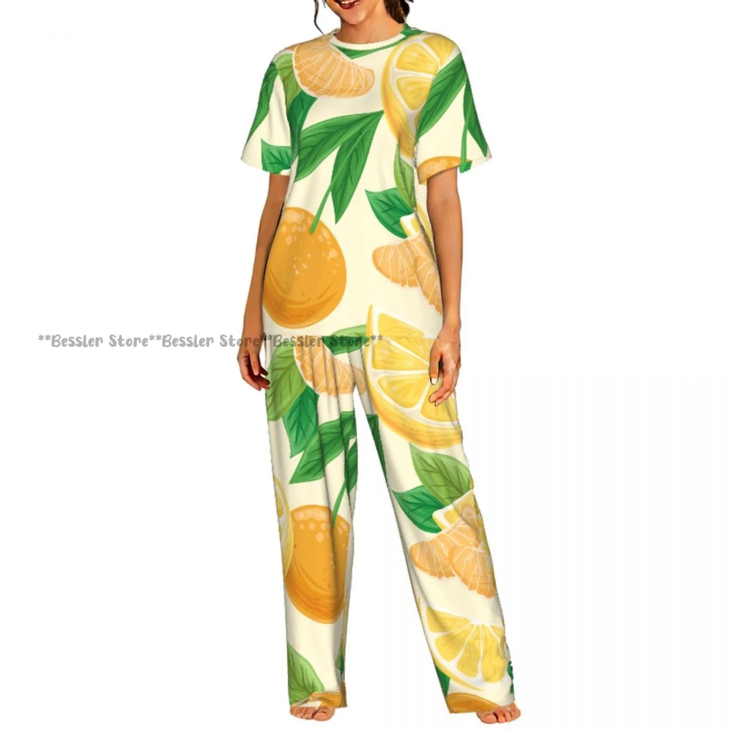 Women's Comfort Pajamas Women's Lemon Leaves Pattern Short Sleeve Set Sleepwear