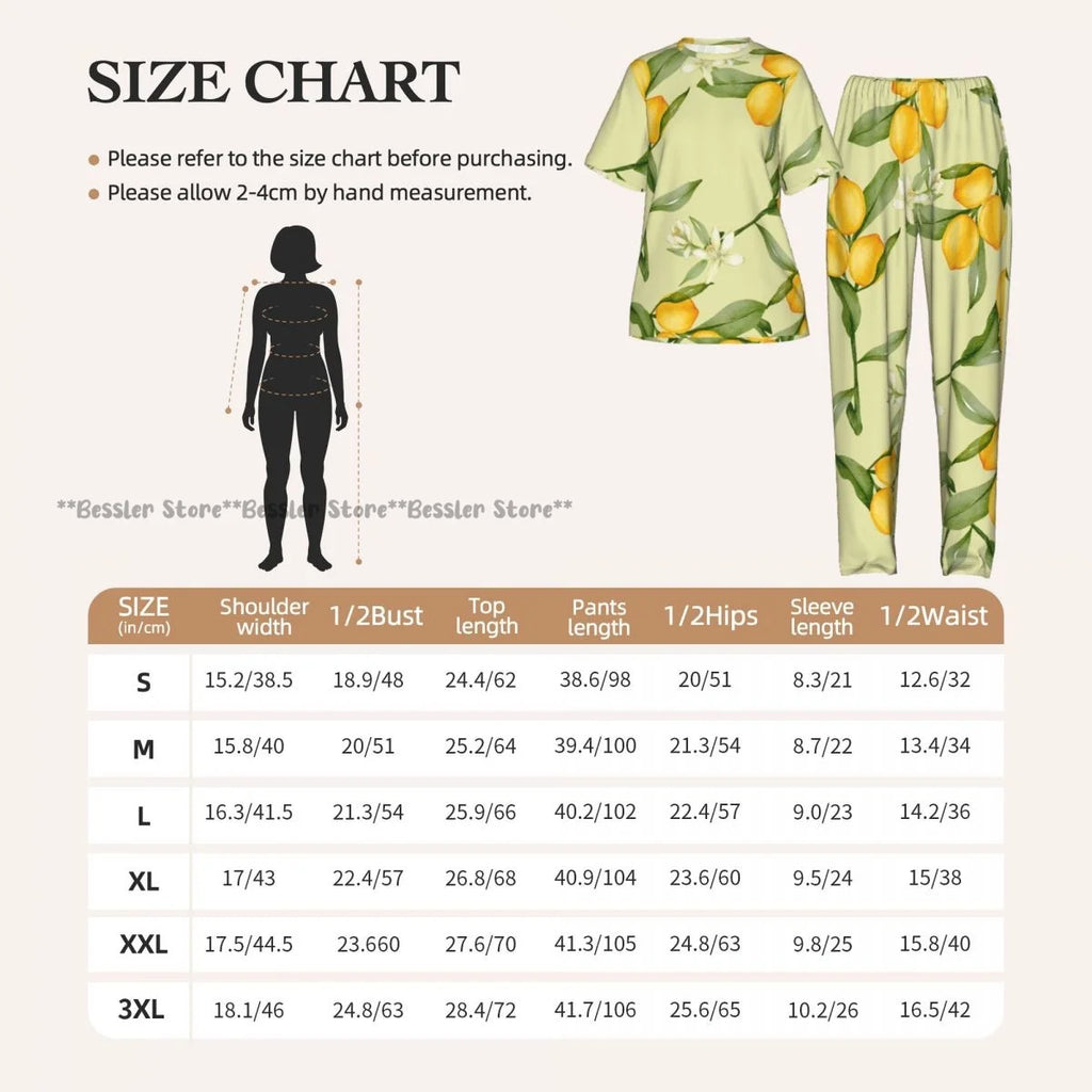 Women's Lemon Citrus Yellow Fruit Leaves short sleeve trousers casual pajamas set
