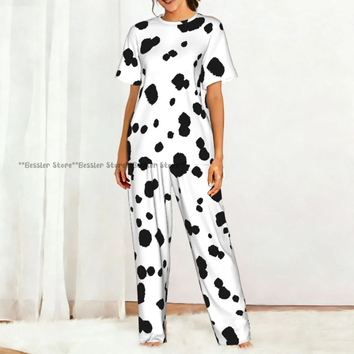 Women's Pajamas Set Dalmatian Pattern Short Sleeve Sleepwear 2 Piece Homewear Loungewear