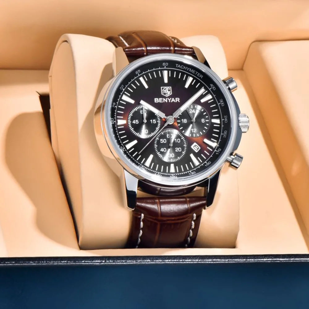BENYAR New 46MM Men's Top Brand Business Quartz Chronograph Watch Waterproof Sports Men's Quartz Watch Gift Box Packaging