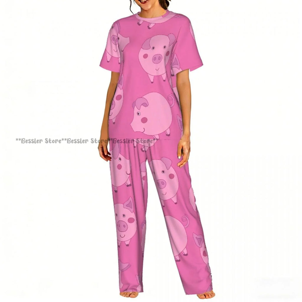 Cute Cartoon Pigs Pajamas Set Short-sleeved Women Home Clothing