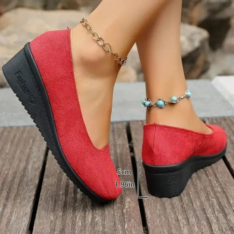 Women's Comfortable round Toe Slip-On Shoes Soft Bottom Slope Heel Velvet Surface Spring Autumn New Style Casual Shoes