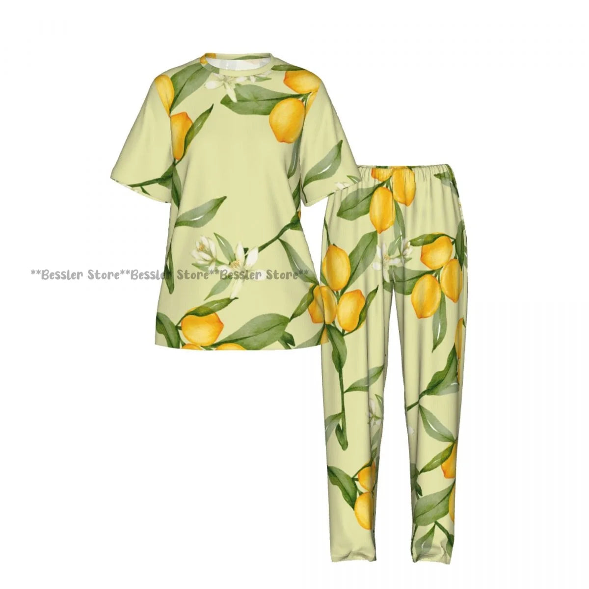 Women's Lemon Citrus Yellow Fruit Leaves short sleeve trousers casual pajamas set