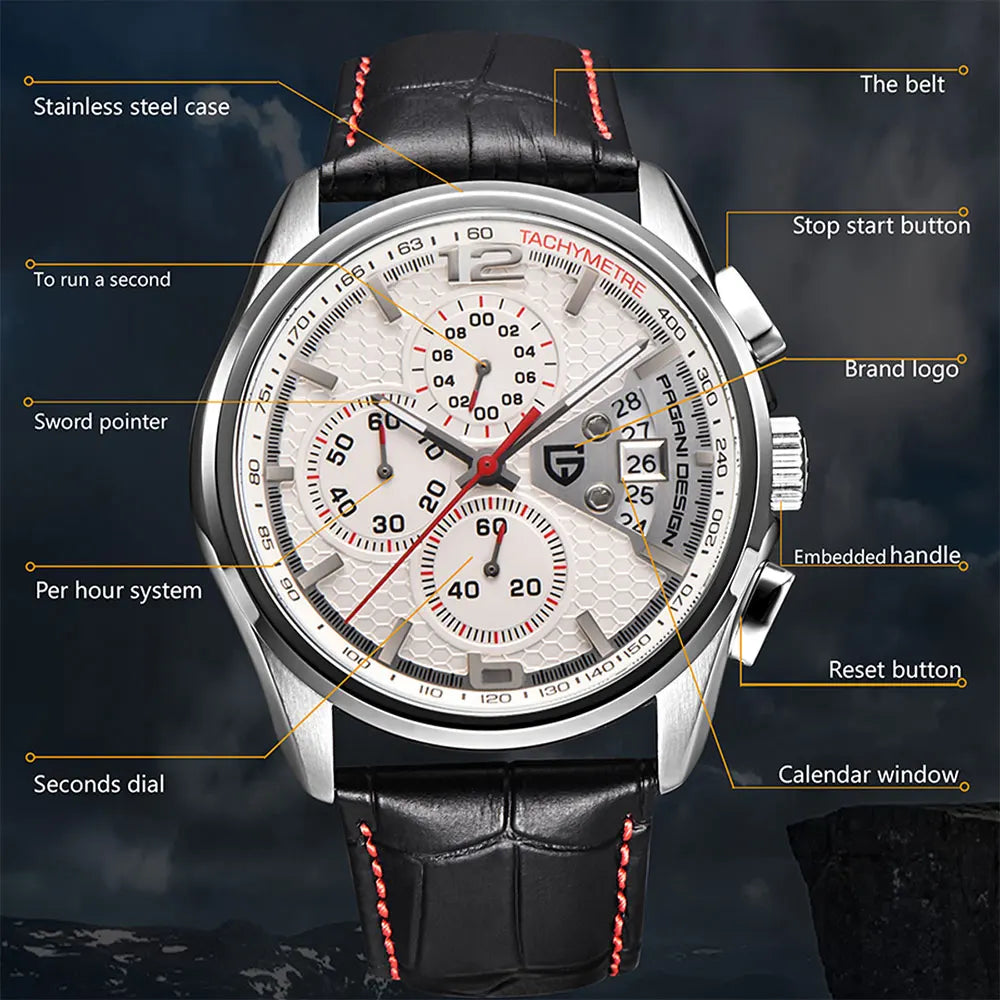 PAGANI DESIGN New PD-3306 Chronograph Men Watch Top Brand Classic Leather Waterproof Quartz Wristwatch for Man Gift Reloj Hombre