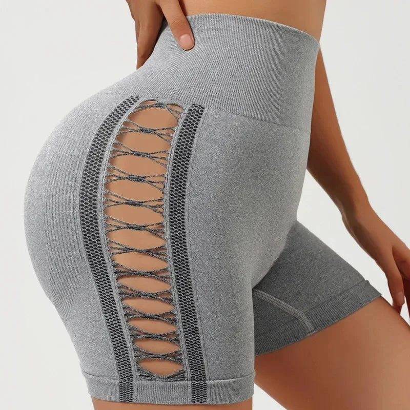 Sexy Side Hollow-out High-Waist Yoga Shorts Seamless Slim Fit Hip-Lifting Gym Sports Outdoor Three-Point High Elasticity
