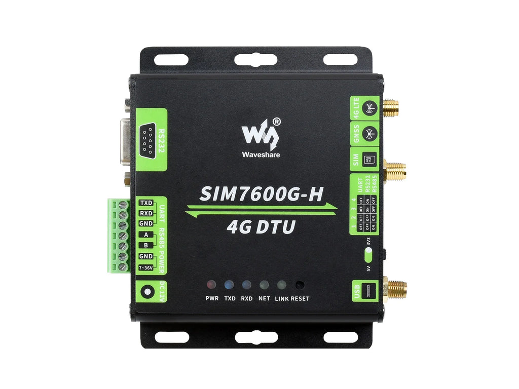 Waveshare Industrial Grade SIM7600G-H 4G DTU, USB UART/RS232/RS485 Multi Interfaces Communication, LTE Global Band Support