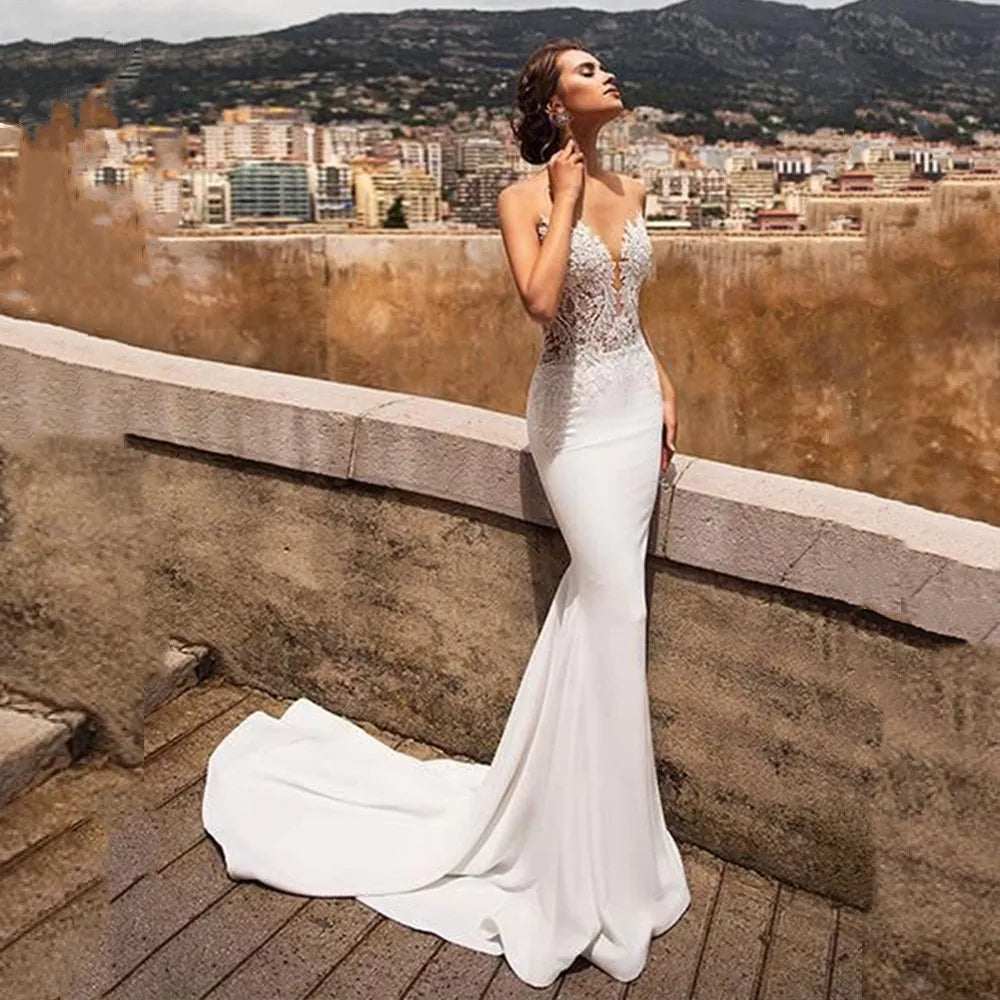 Sexy Mermaid Open Back Wedding Dresses For Women 2025 V Neck Lace Appliqued Backless Bridal Gowns Vestidos De Novia Customized