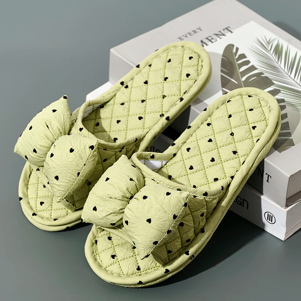 Fashion Women Slippers Soft Bottom Cotton Floral Floor Shoes Indoor Slippers Antislip Home Shoes Cute Bow Bedroom Slippers