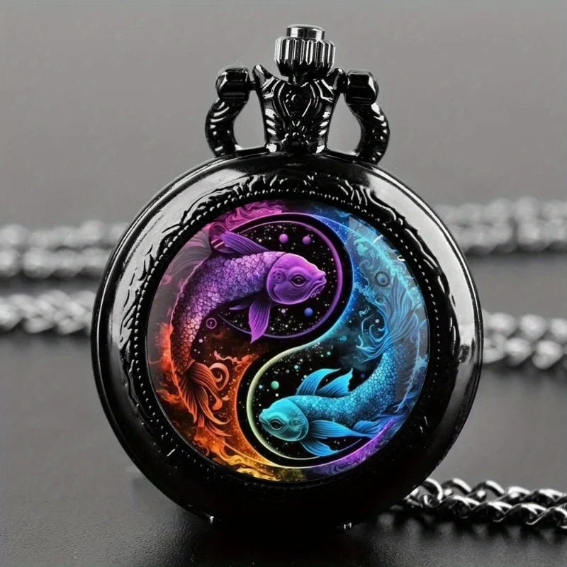 Colorful pattern pocket watch flip decoration necklace, personalized quartz pocket watch blind box for male and female students