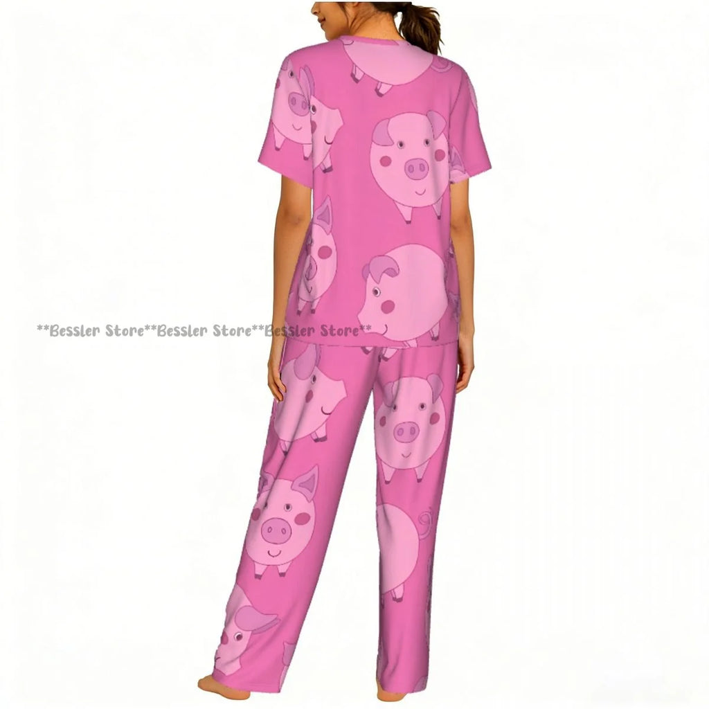 Cute Cartoon Pigs Pajamas Set Short-sleeved Women Home Clothing