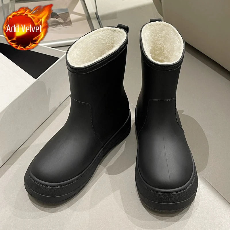 Heated Winter Mid Calf Rain Boots Insulated Cotton Thick Sole Nonslip Waterproof Durable Solid Color Women's Rain Shoes