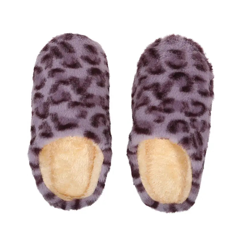 Women Men Leopard Print House Slippers Winter Warm Soft Fur Indoor Bedroom Non-Slip Floor Shoes for Couples Home Slides