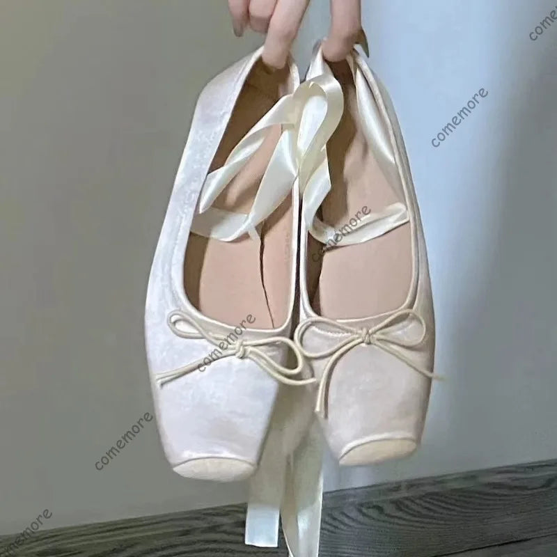 Women's Satin Ribbon Tie Ballet Flats Square Toe Ankle Wrap Lace-Up Shoes Lolita Shoes for Ladies Soft Sole Bow Fashion Footwear