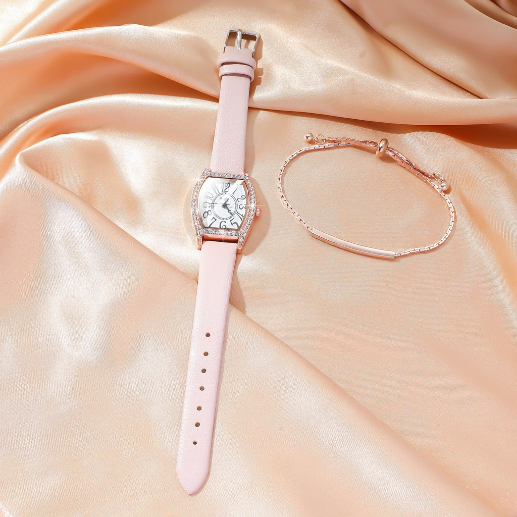 No gift box, small group temperament wine barrel water diamond belt quartz female watch   one word bracelet 2 pieces