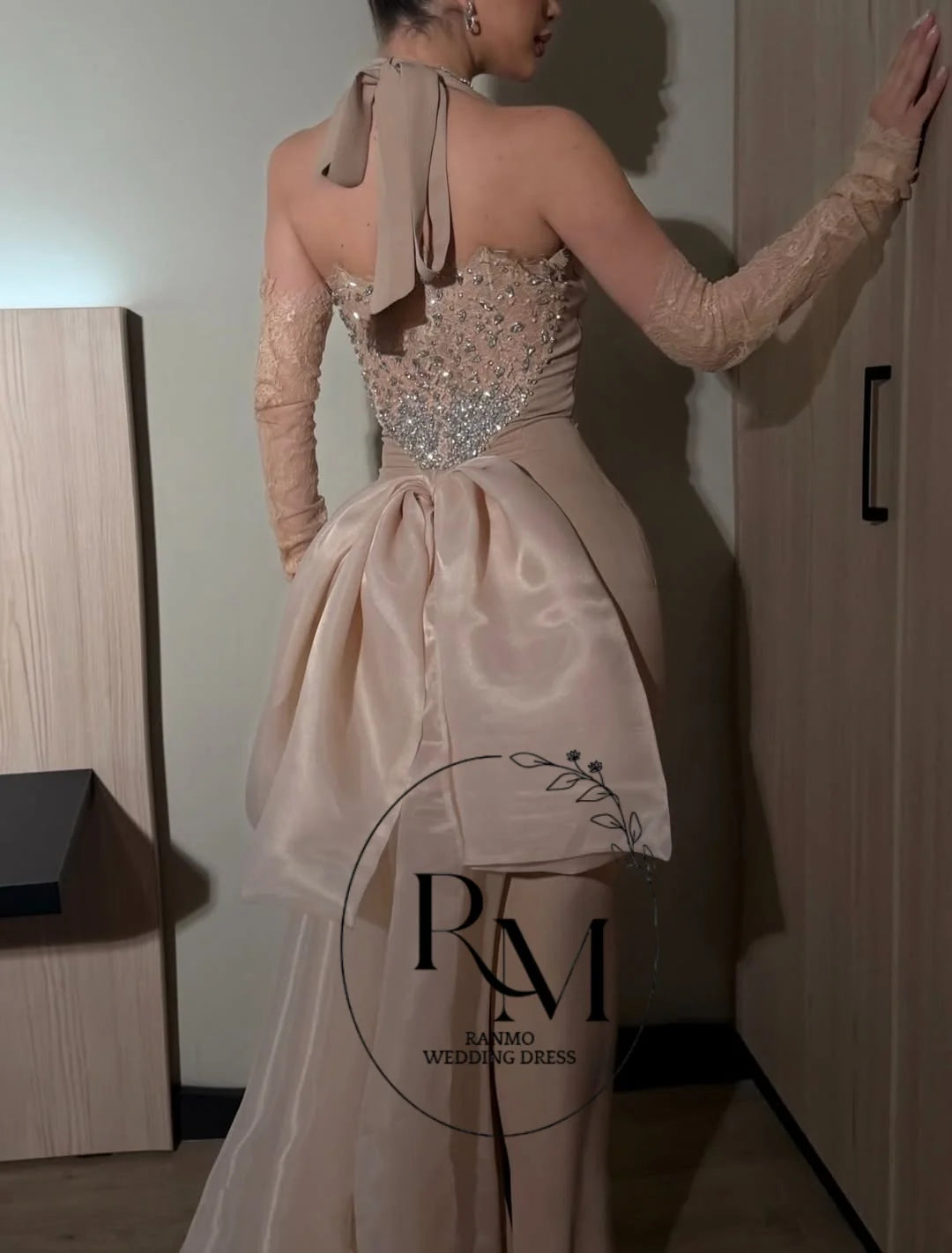 Ranmo Elegant Vintage Sweet Champagne Crystal Mermaid Bow Backless New Customize Formal Occasion Prom Dress Evening Party Gowns