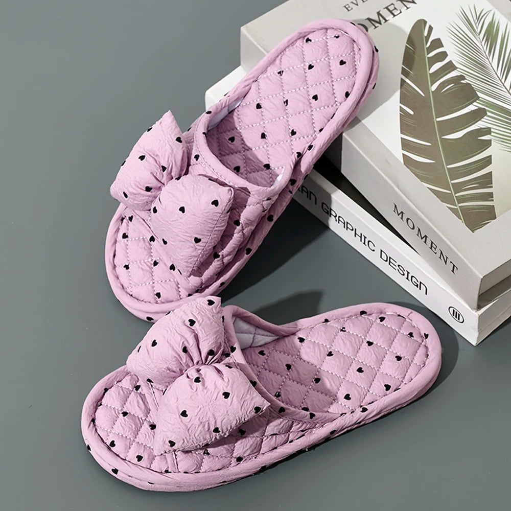 Fashion Women Slippers Soft Bottom Cotton Floral Floor Shoes Indoor Slippers Antislip Home Shoes Cute Bow Bedroom Slippers