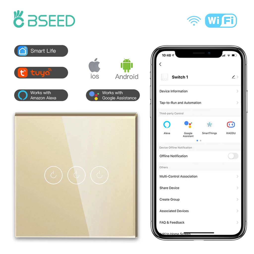 BSEED Wifi Light Touch Switch 1/2/3Gang 1/2/3 Way Smart Switch Wireless Wifi Roller Shutter Switch Support For Tuya Smart Home