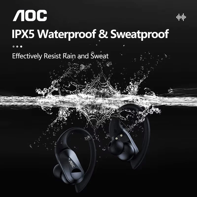 Choice AOC Sports Wireless Bluetooth 6.0 Earphones Waterproof LED Battery Display Gaming Low Latency LP75