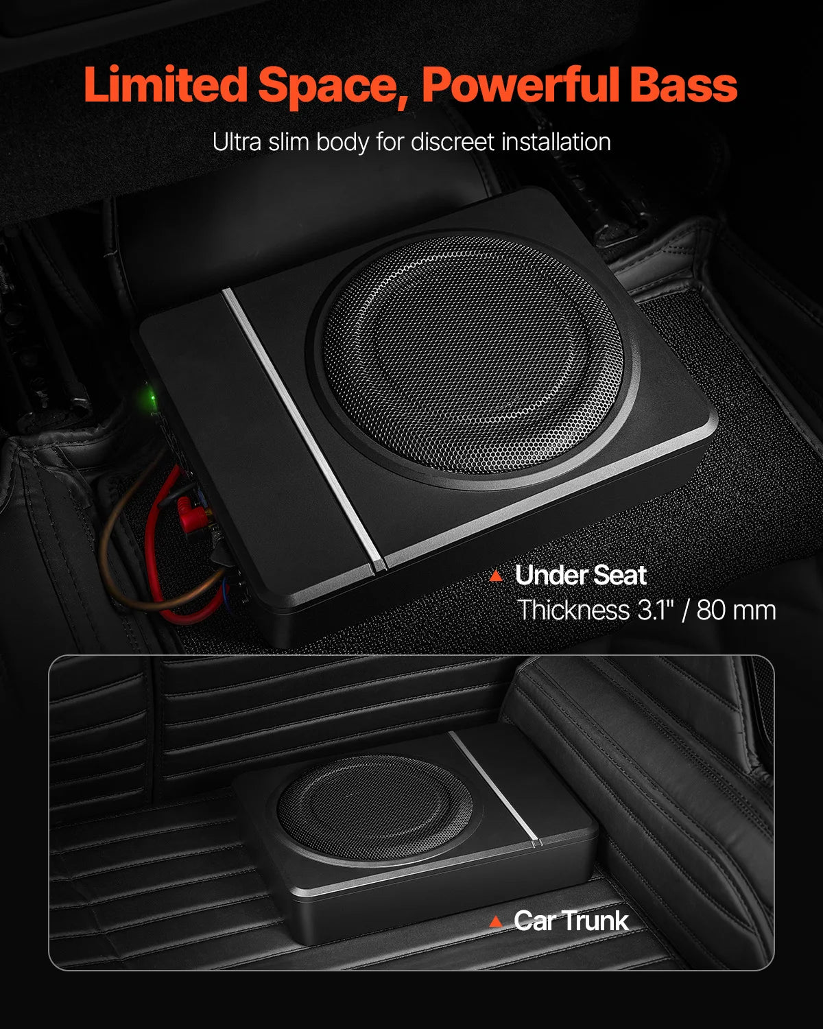 SucceBuy 8" Underseat Car Subwoofer Low Profile Audio Sub Built-in Amplifier High/Low Level Input&Volume Controller for SUV/Car