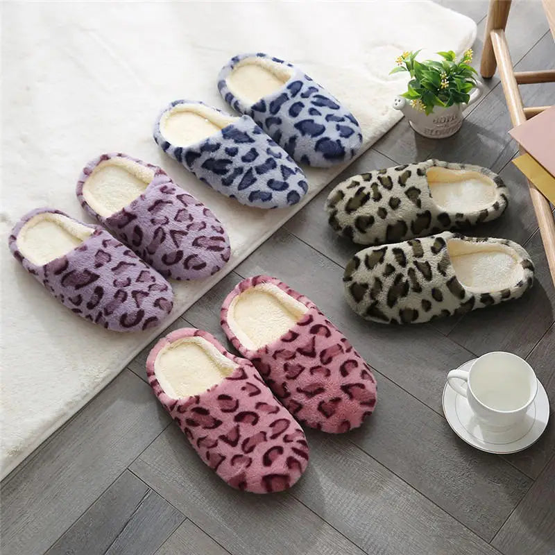 Women Men Leopard Print House Slippers Winter Warm Soft Fur Indoor Bedroom Non-Slip Floor Shoes for Couples Home Slides
