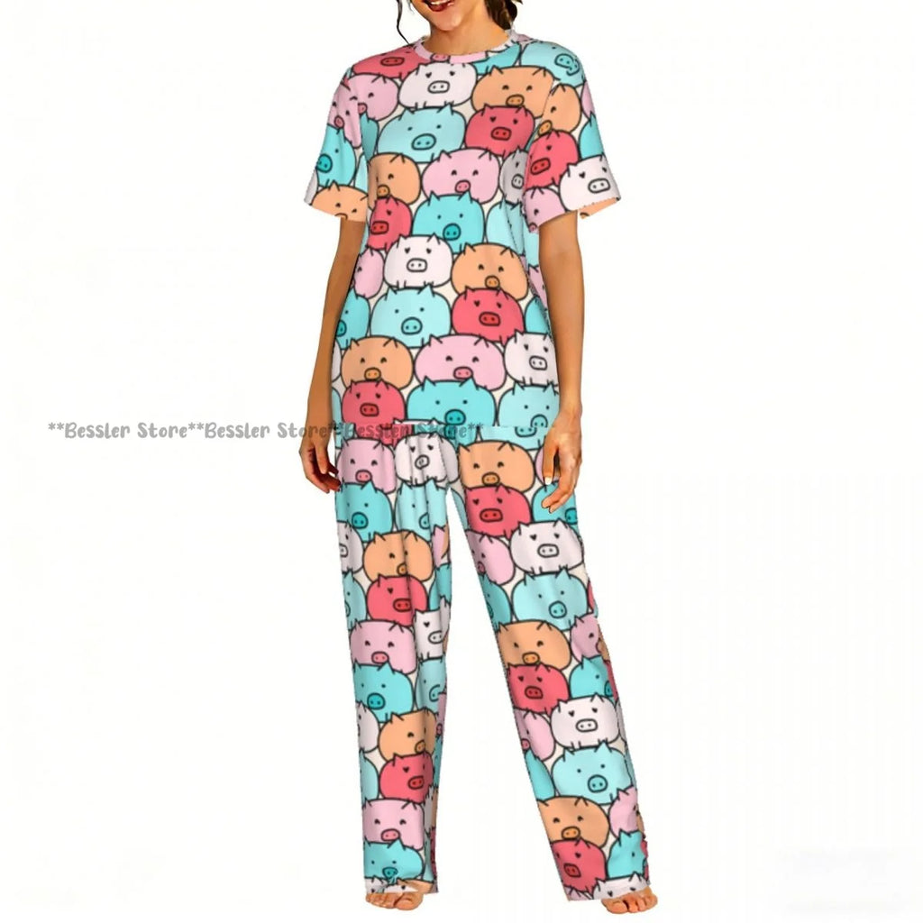 Cute Cartoon Pigs Pajamas Set Short-sleeved Women Home Clothing
