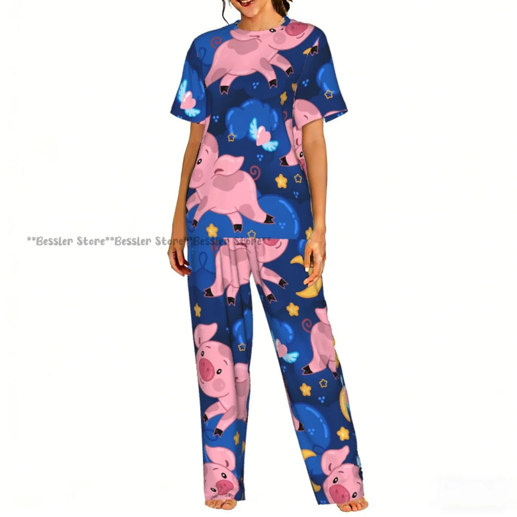 Cute Cartoon Pigs Pajamas Set Short-sleeved Women Home Clothing