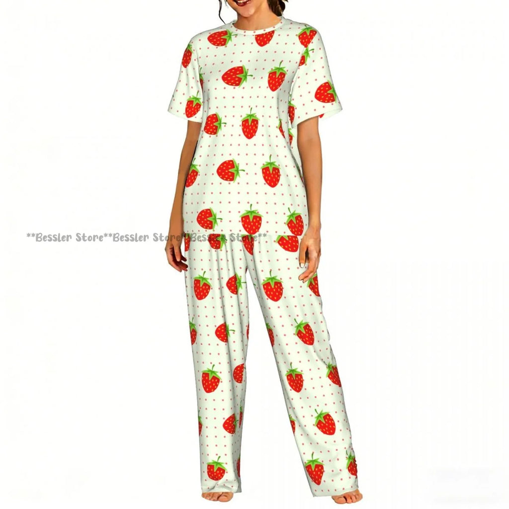 Women's 2-piece set Watercolor Strawberries Pajamas Short sleeved Top and Pants Sleepwear