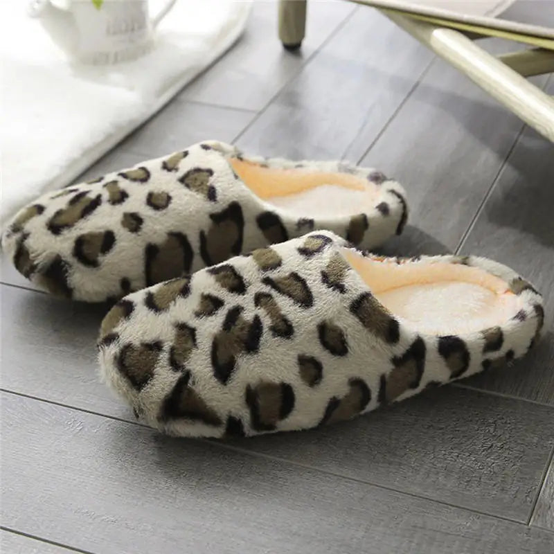 Women Men Leopard Print House Slippers Winter Warm Soft Fur Indoor Bedroom Non-Slip Floor Shoes for Couples Home Slides