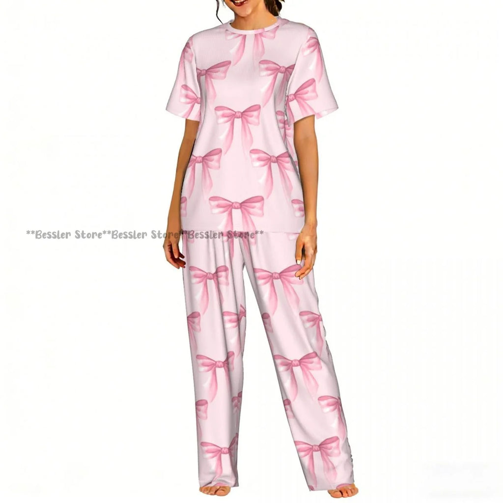 Women's Comfort Pajamas Women's Ribbon Bows Pattern Short Sleeve Set Sleepwear