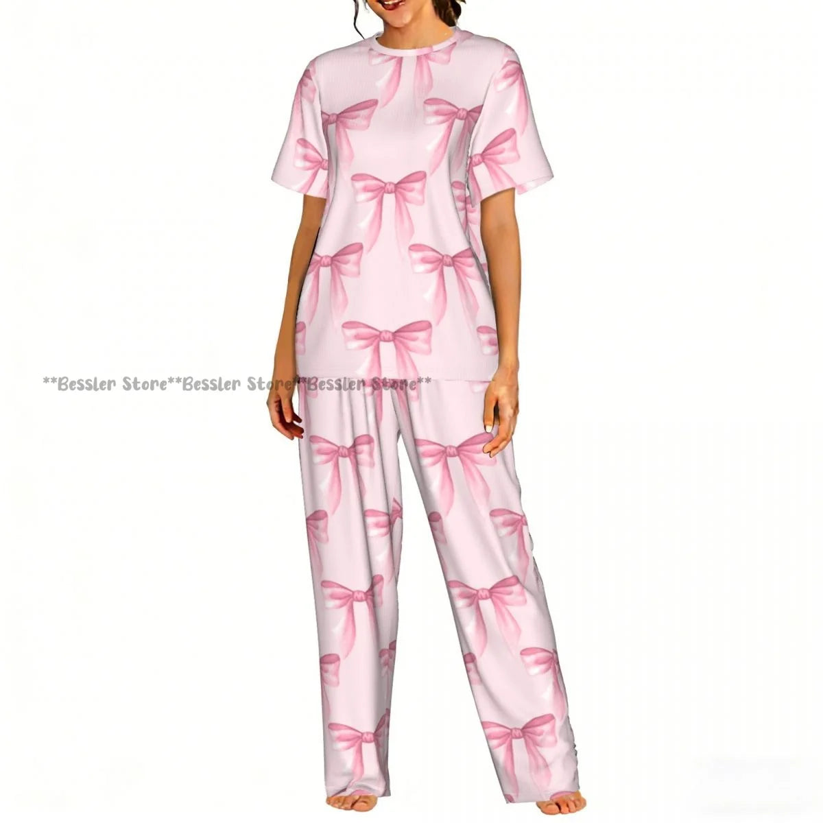 Women's Comfort Pajamas Women's Ribbon Bows Pattern Short Sleeve Set Sleepwear