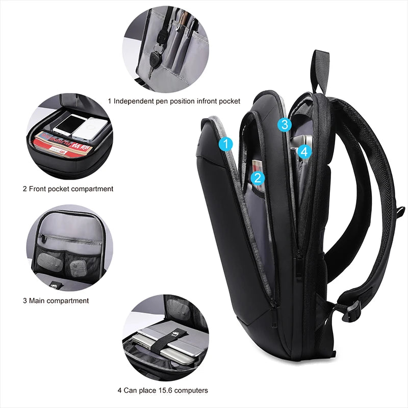 Heroic Knight Ultra-Thin Business Men's Laptop Backpack 15.6 Inch Waterproof Expandable Travel Backpack Anti-Theft Work Daypack