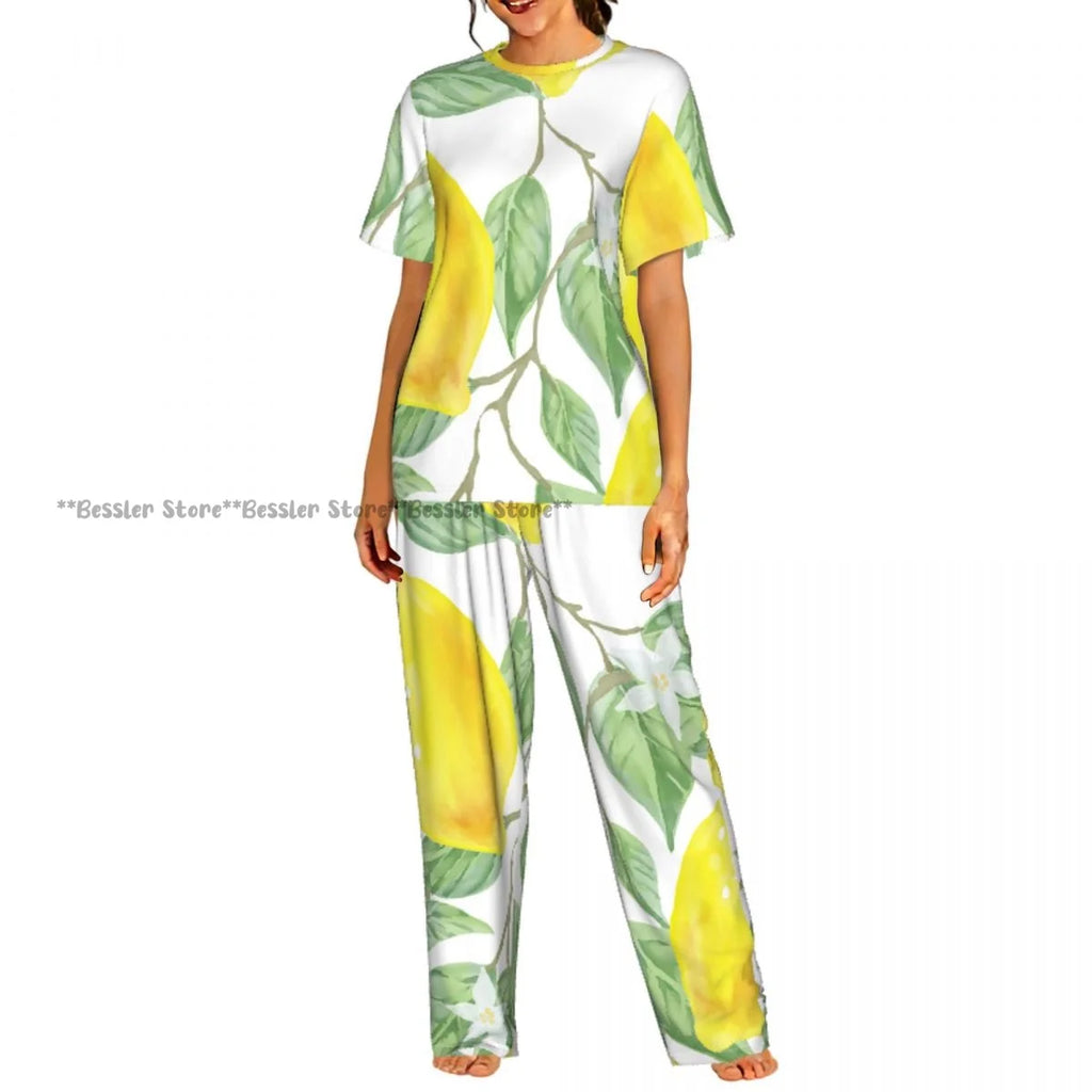 Women's Comfort Pajamas Women's Lemon Leaves Pattern Short Sleeve Set Sleepwear