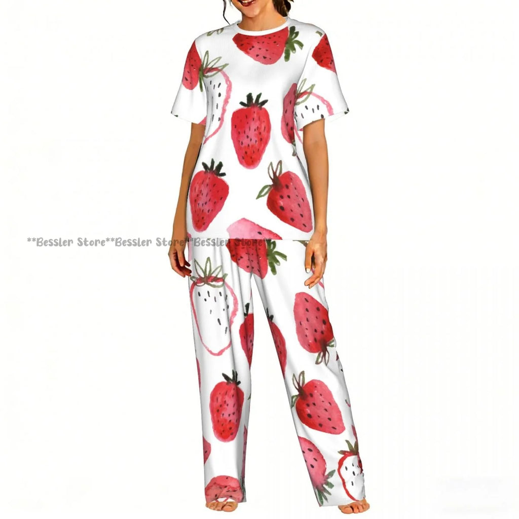 Women's 2-piece set Watercolor Strawberries Pajamas Short sleeved Top and Pants Sleepwear